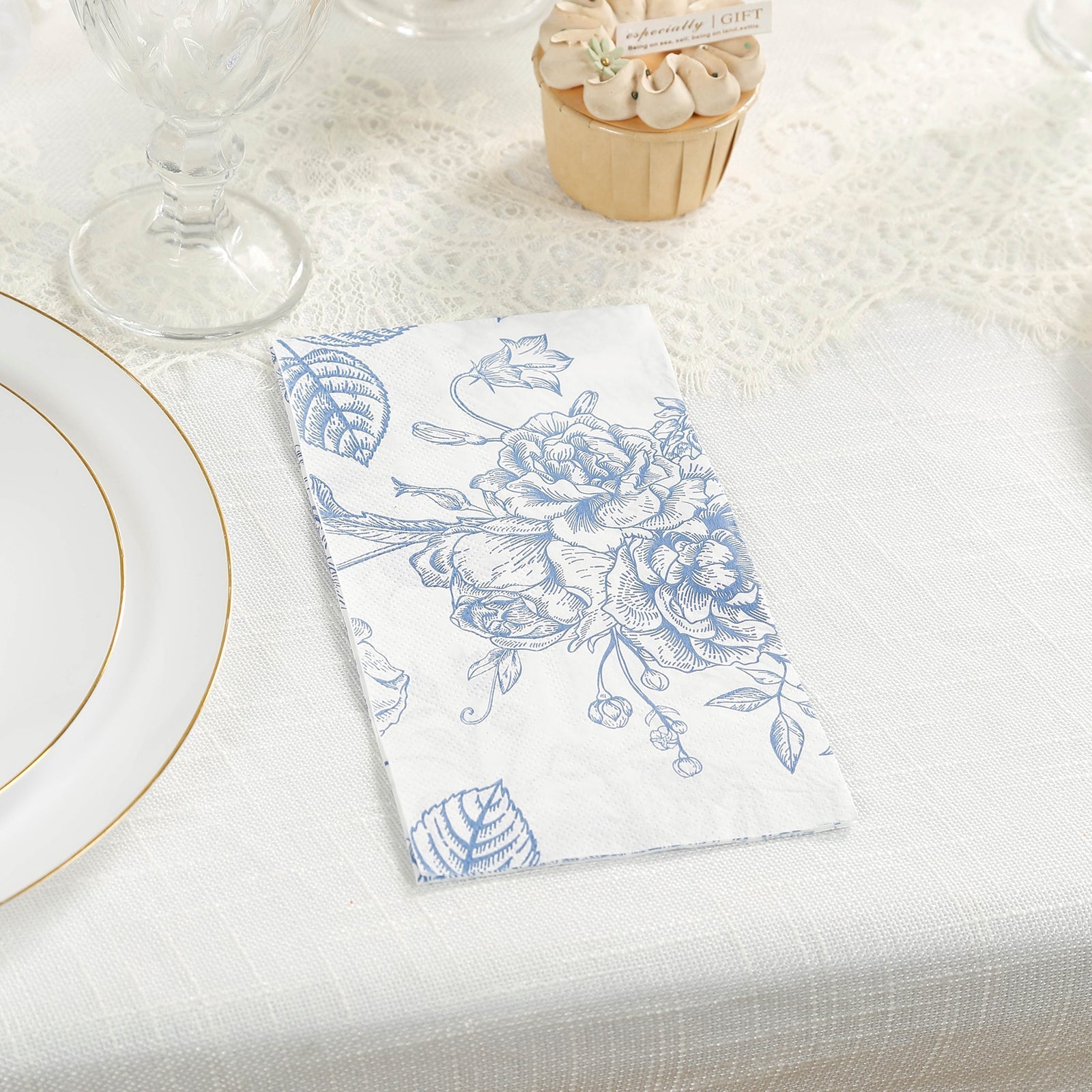 50-Pack Paper Dinner Napkins White with Matte Blue French Toile Floral Pattern 2-Ply - Stylish Disposable Napkins for Events