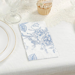 50-Pack Paper Dinner Napkins White with Matte Blue French Toile Floral Pattern 2-Ply - Stylish Disposable Napkins for Events