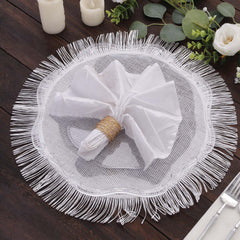 4-Pack Placemats Fringe Edge Design White Jute Round - Rustic Boho Chic Burlap Table Decor 16"