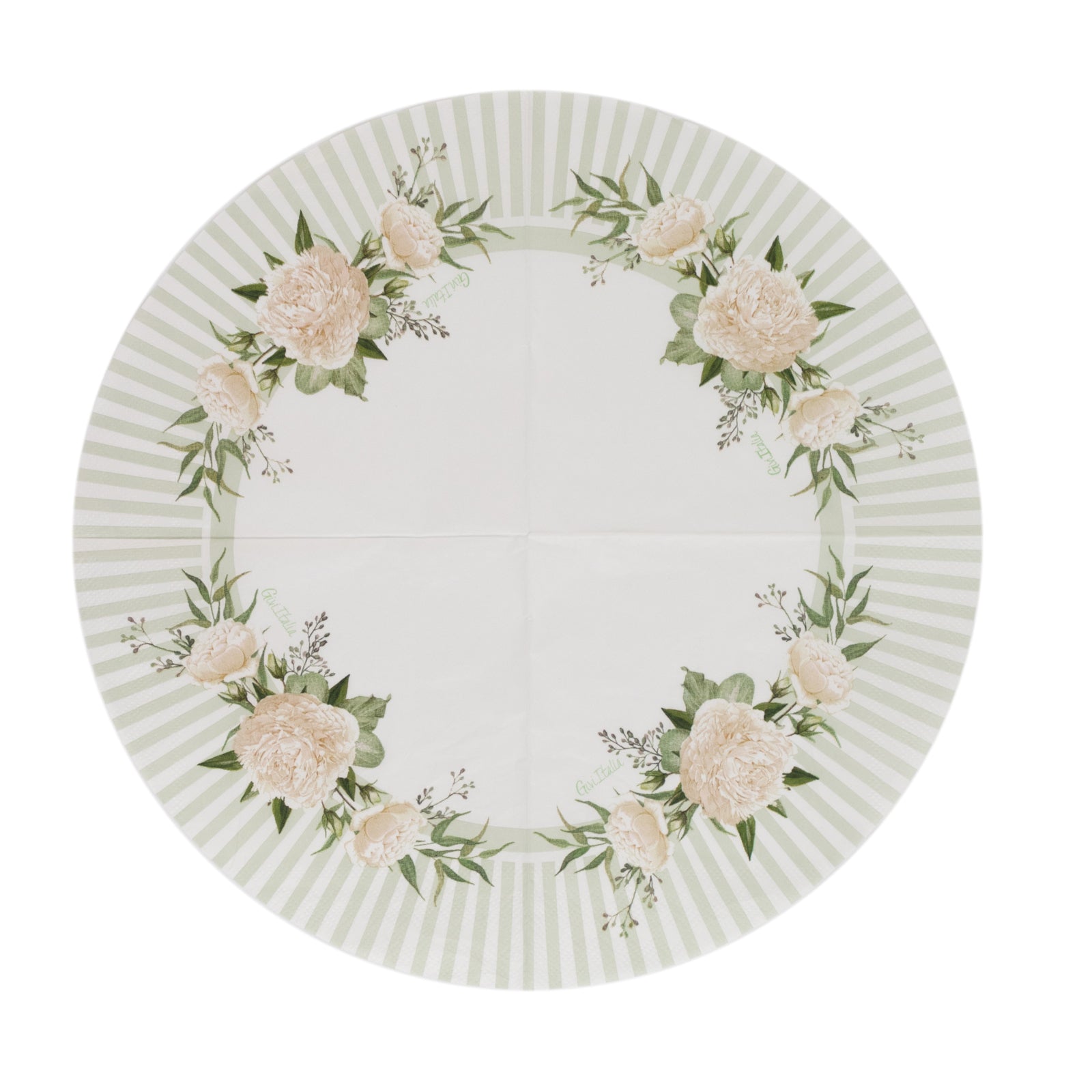 25-Pack Round Paper Cocktail Napkins with Floral Lined Pattern White/Sage Green - Disposable 2 Ply Beverage Napkins 6"x6"