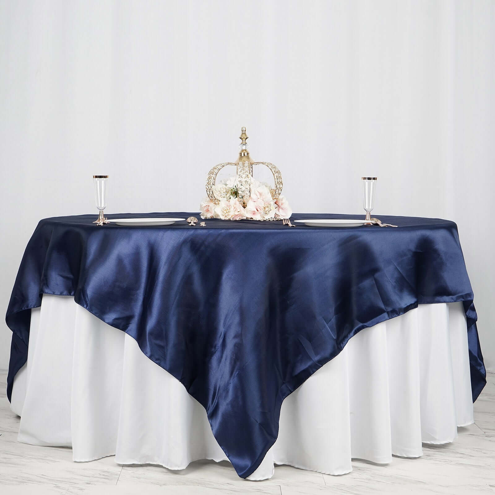 Satin 90"x90" Table Overlay Square Tablecloth Navy Blue - Smooth Finish Table Topper