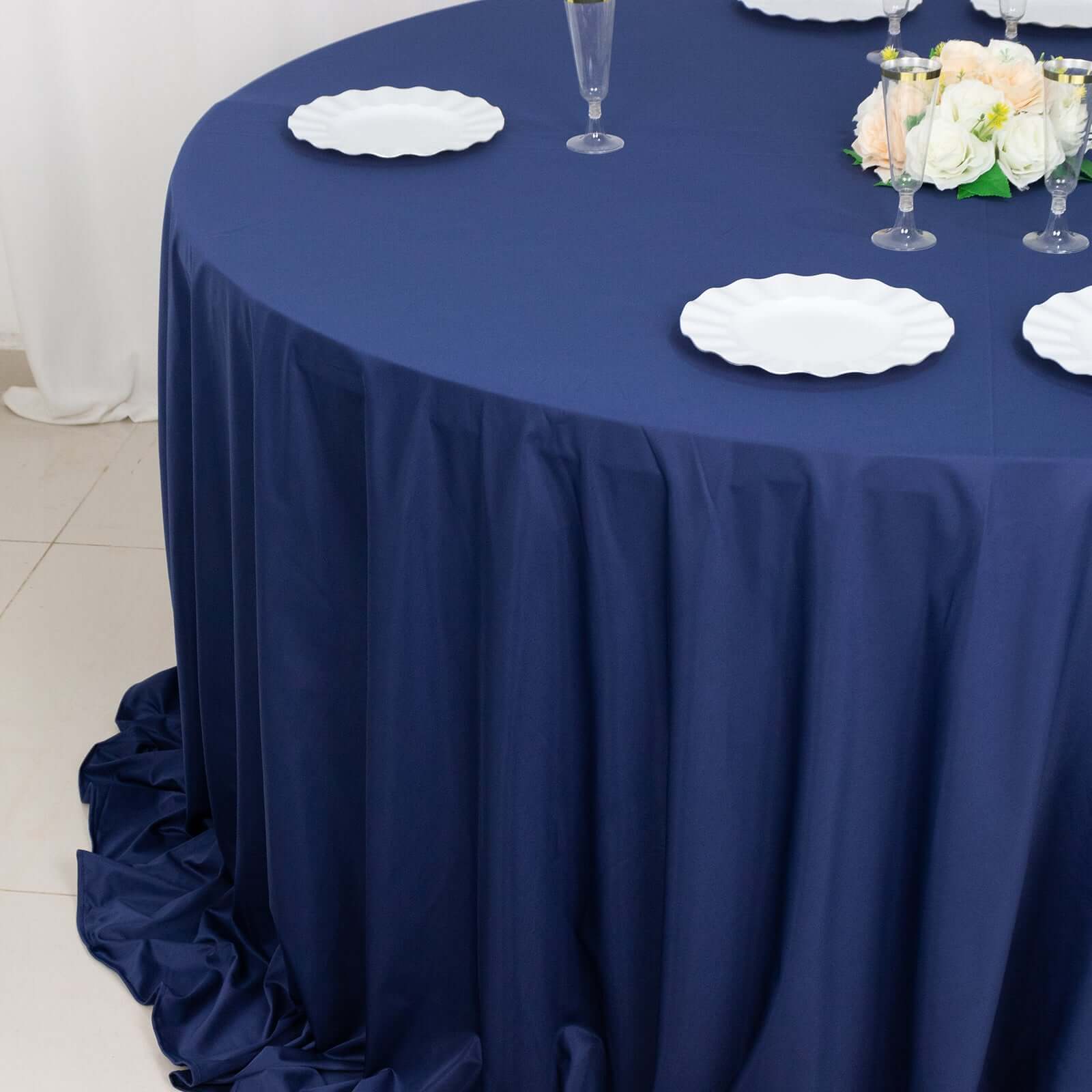 Scuba Round 132" Tablecloth Navy Blue - Wrinkle Free & Stain Resistant Seamless Table Cover