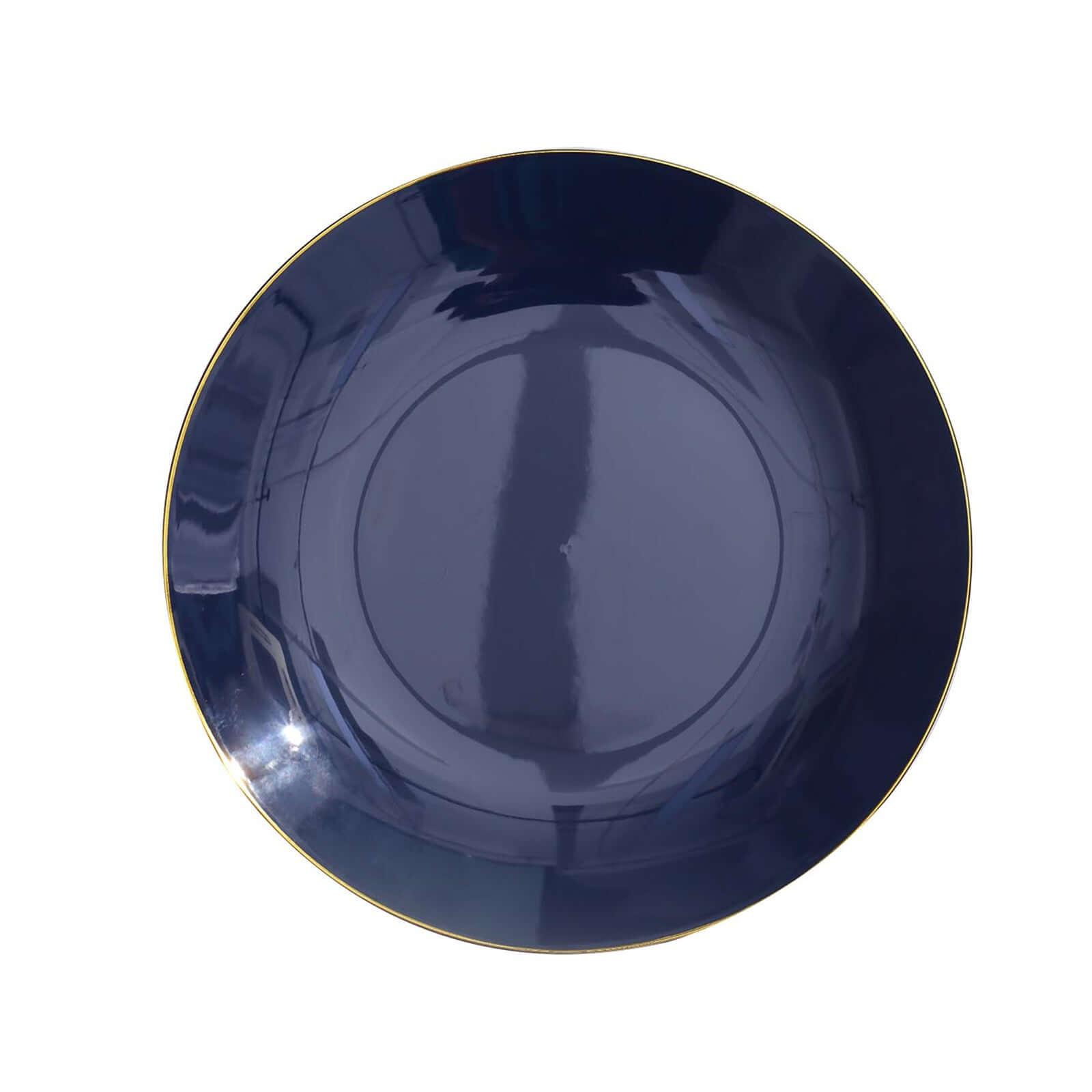 10-Pack Plastic 10" Round Dinner Plates in Navy Blue with Gold Rim - Glossy Disposable Party Plates