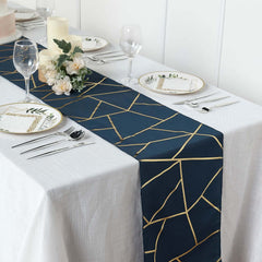Polyester 9ft Table Runner Navy Blue with Gold Foil Modern Geometric Accent