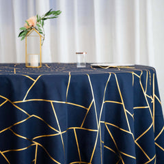 Polyester 120" Round Tablecloth Navy Blue with Gold Foil Geometric Pattern Wrinkle-Resistant Seamless Table Cover