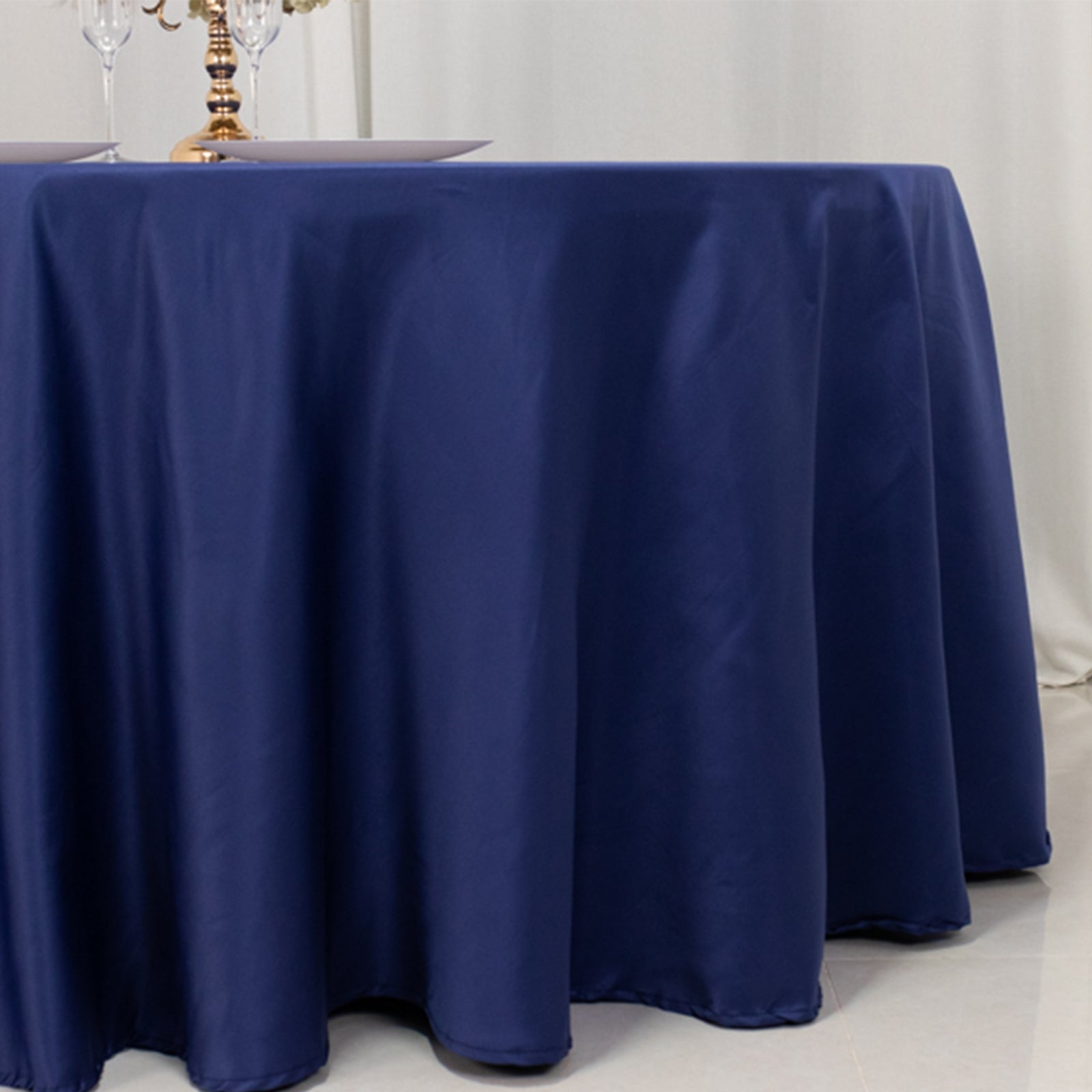 Lamour Satin 120" Round Tablecloth Navy Blue - Seamless Table Cover with Soft Tempered Sheen