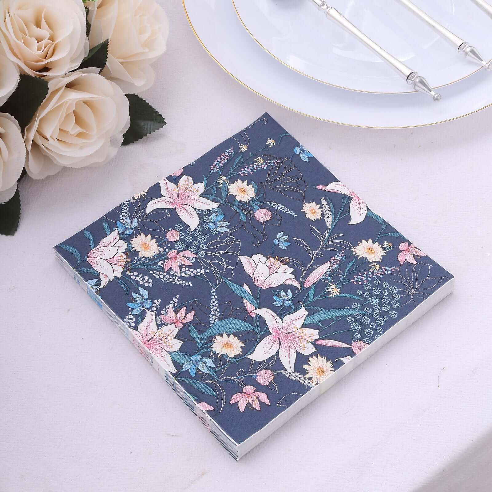 20-Pack Paper Beverage Napkins with Water Lily Floral Design Navy Blue - 2 Ply Soft 18GSM Wedding Napkins 6.5"x6.5"