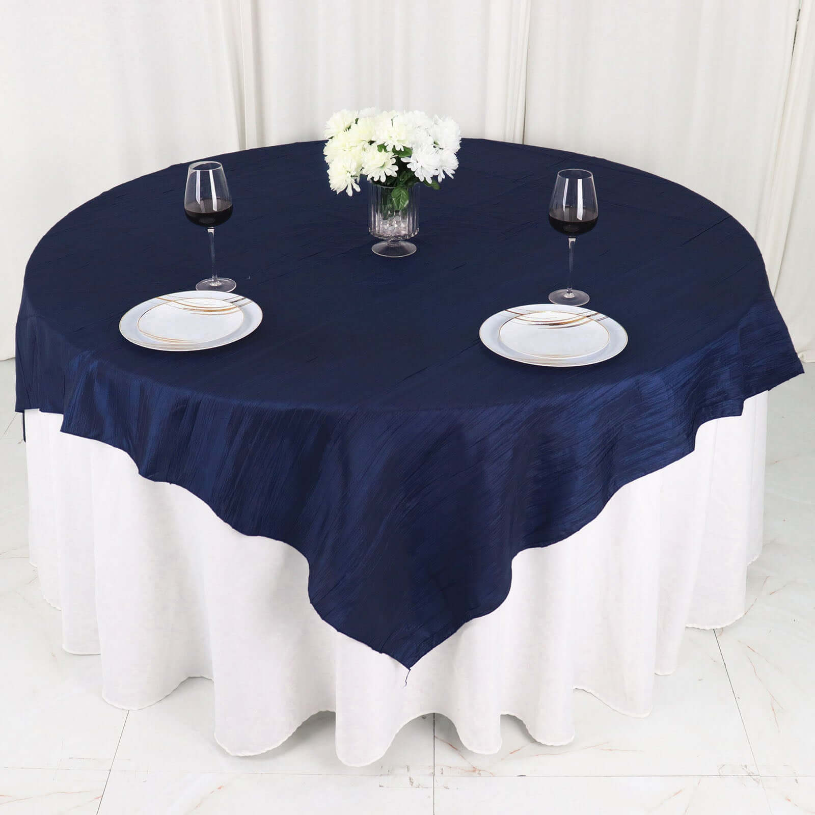 Taffeta 72"x72" Table Overlay Square Tablecloth Navy Blue - Accordion Crinkle Table Cover