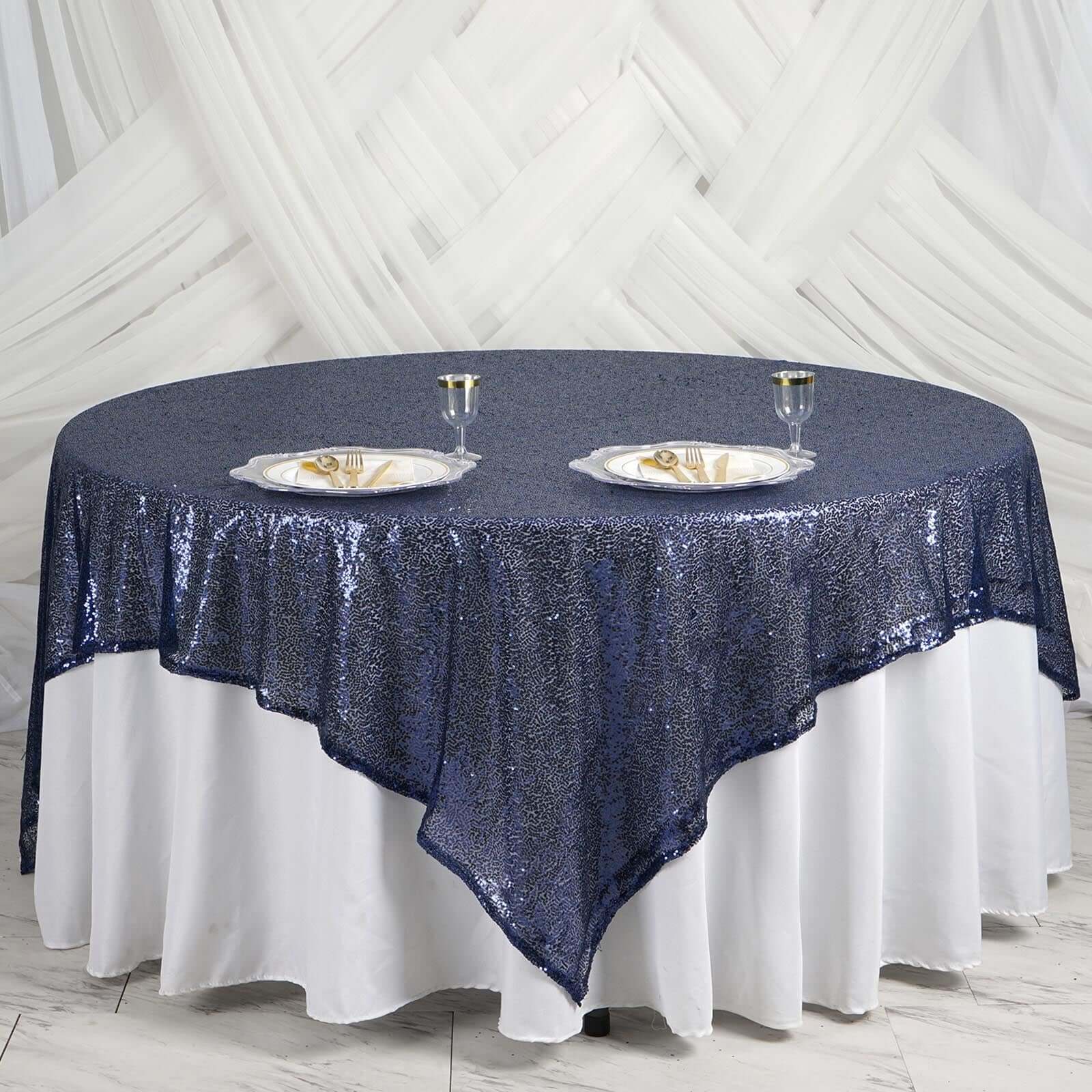 Sequin 90"x90" Table Overlay Square Tablecloth Navy Blue - Sparkly Table Cover