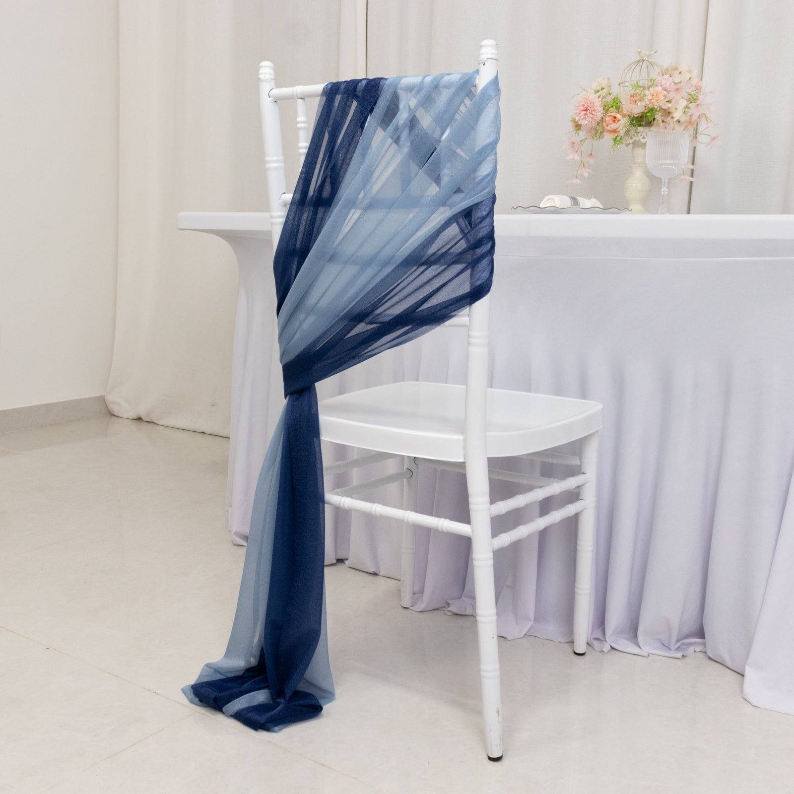 20-Pack Sheer Chair Drape Decor in Navy Blue and Dusty Blue – 9ft Shimmer Sash, Wrinkle-Free