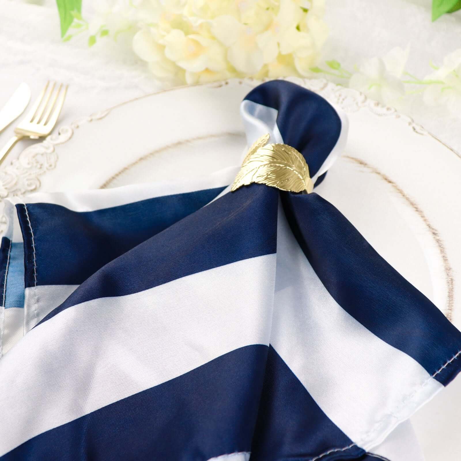 5 Pack Satin 20"x20" Napkins Navy Blue/White - Striped Reusable Dinner Napkins