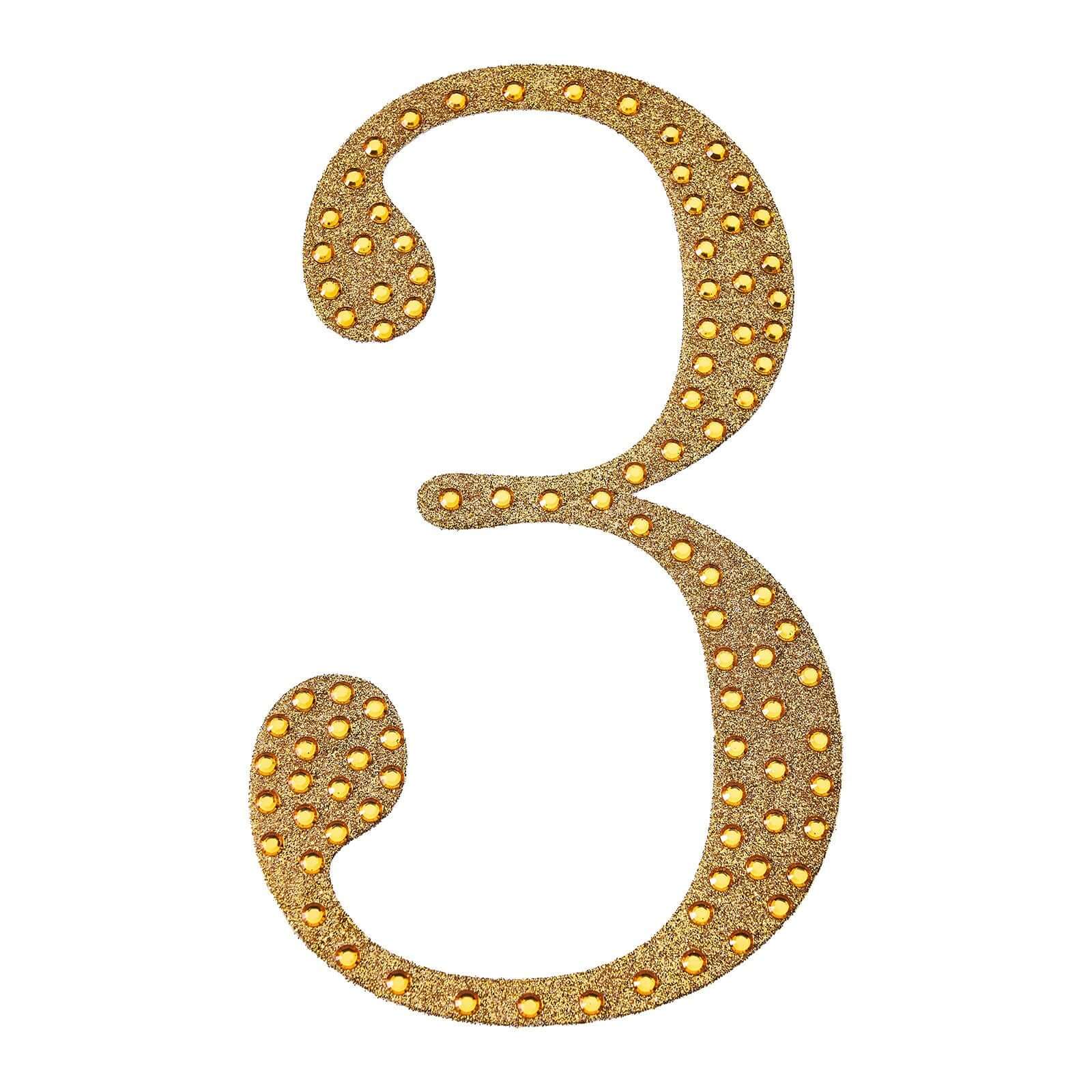 Decorative Rhinestone Number "3" Stickers, Glitter Adhesive Craft Numbers Gold DIY Sparkle Embellishments 8"
