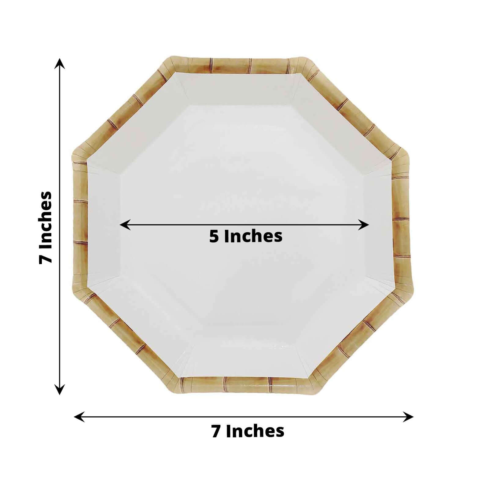 25-Pack Paper Octagonal Dessert Plates 7" White with Bamboo Print Rim - Disposable Geometric Appetizer Salad Plates for Garden Parties & Tropical Themed Events