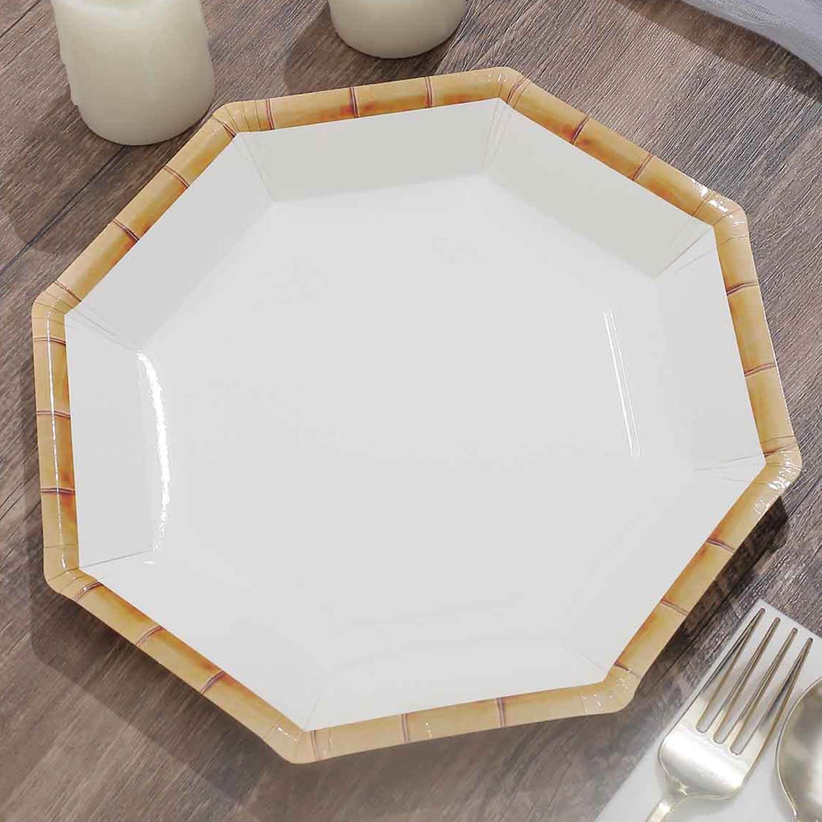25-Pack Paper 9" Octagonal Dinner Plates in White with Bamboo Print Rim - Disposable Geometric Party Plates for Tropical & Beach Themed Celebrations