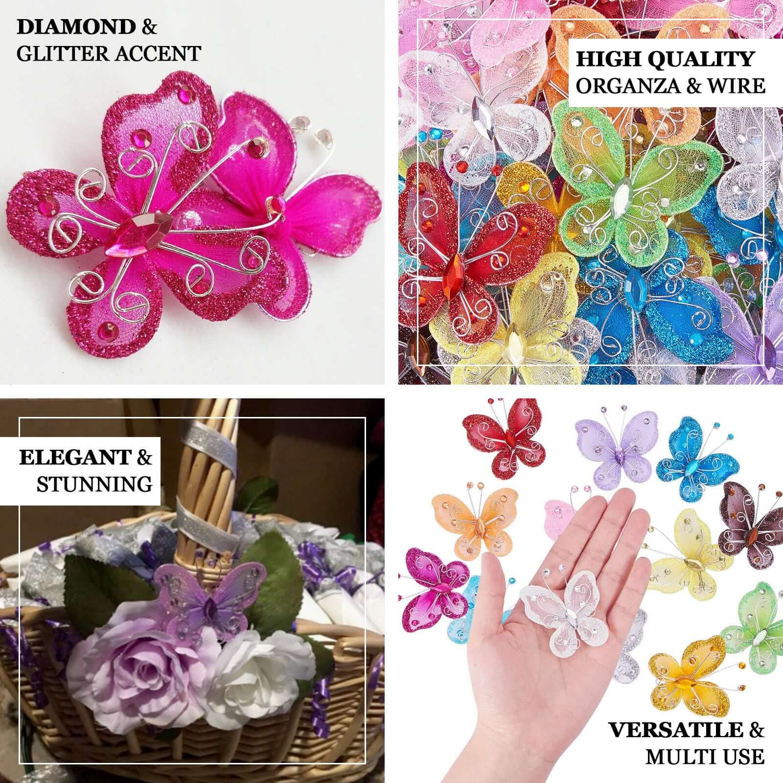 12 Pack 2" White Diamond Studded Wired Organza Butterflies