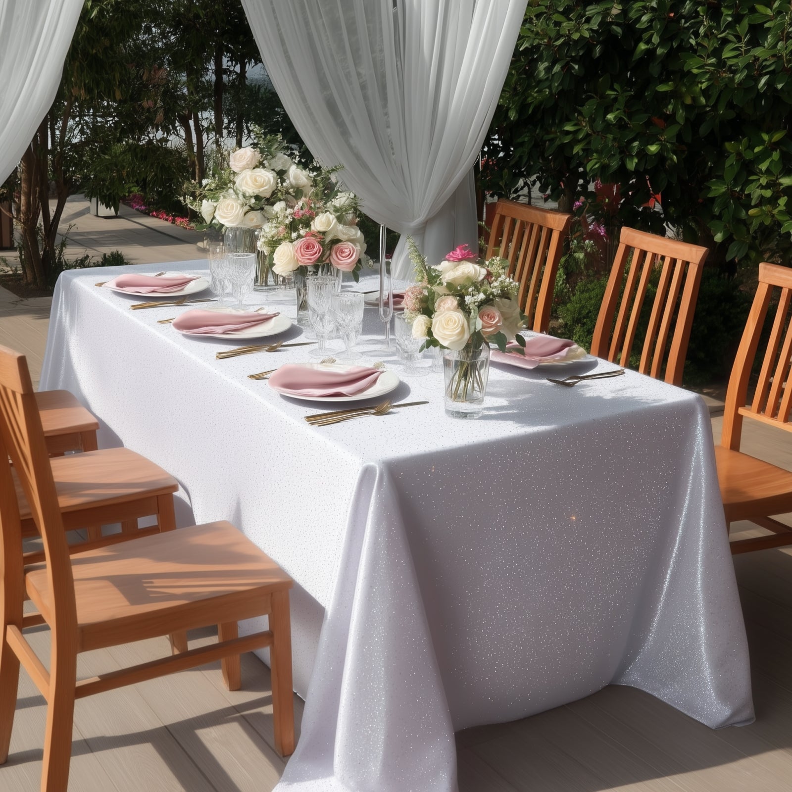 Scuba Rectangular Tablecloth 90"×132" White with Rhinestone Accents – Seamless, Wrinkle-Free, Stain-Resistant Event Linen