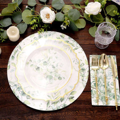 6-Pack Disposable Charger Plates in Eucalyptus Leaves Print 13" in White/Green - 700GSM Floral Paper Chargers for Stylish & Easy Cleanup