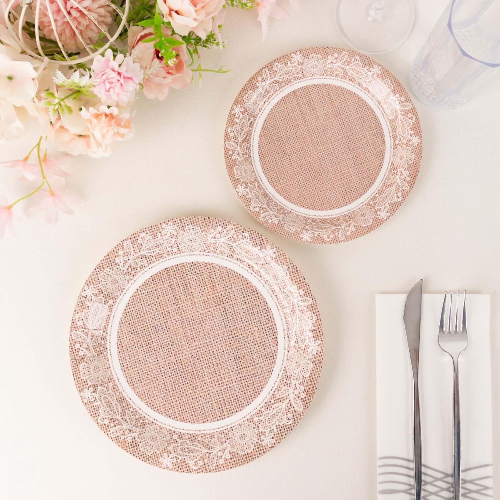 25-Pack Paper 9" Round Dinner Plates in Natural Burlap Print with White Floral Lace Rim - Rustic Farmhouse Inspired Disposable Party Plates