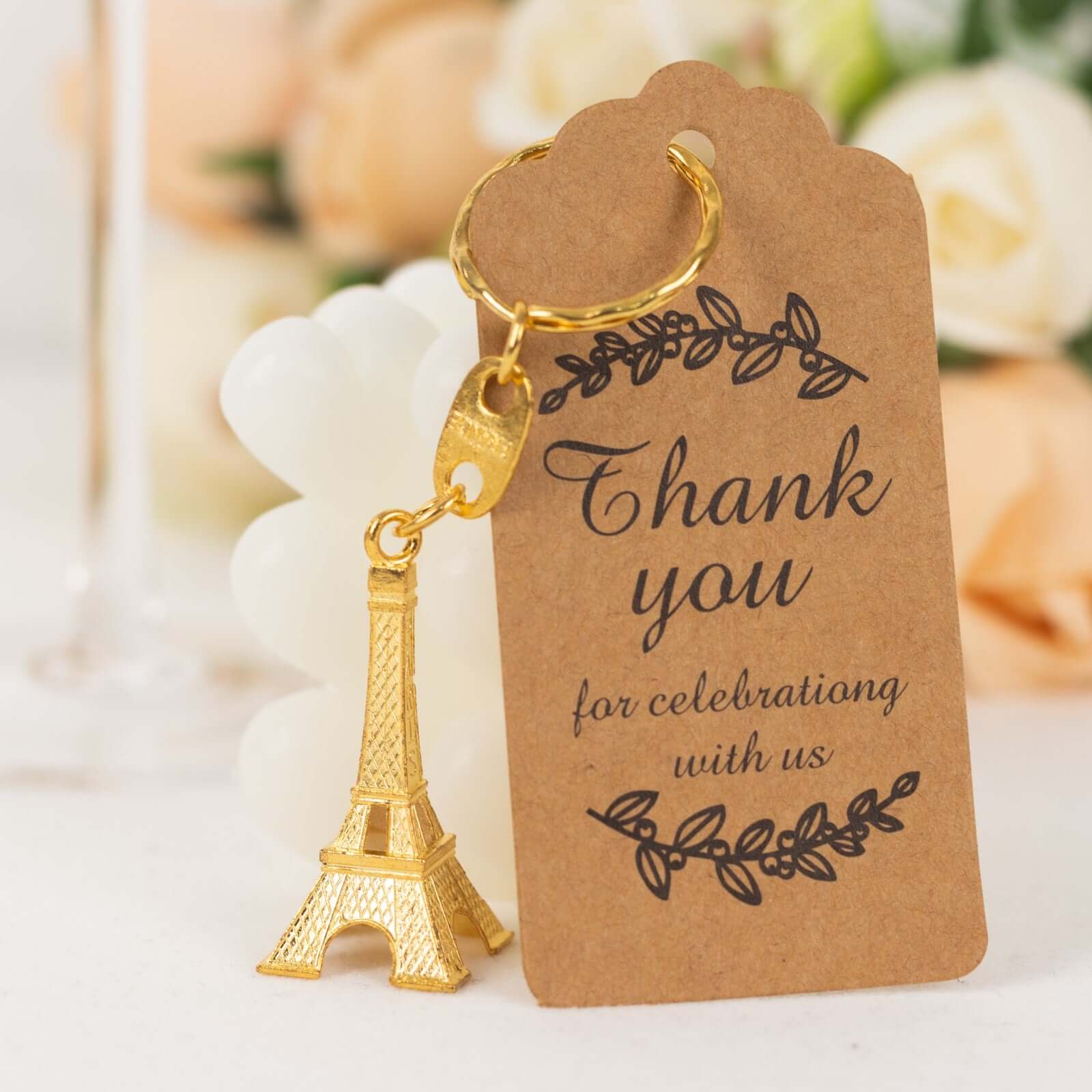 10 Pack Gold Plastic Paris Eiffel Tower Keychain Wedding Favors, 4" Bridal Shower Party Souvenirs With Thank You Tag