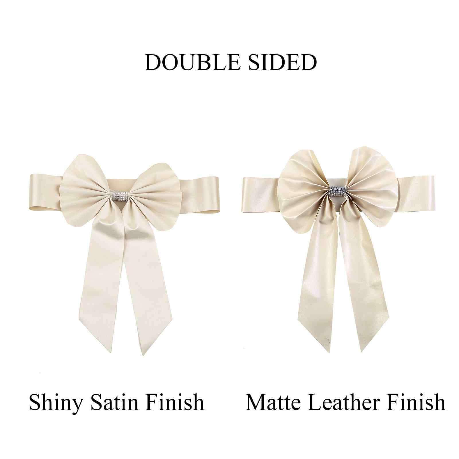 5 Pack Satin Faux Leather Chair Sashes Ivory - Durable Double Sided Pre-tied Bow Tie Chair Bands with Diamond Rhinestone Buckles