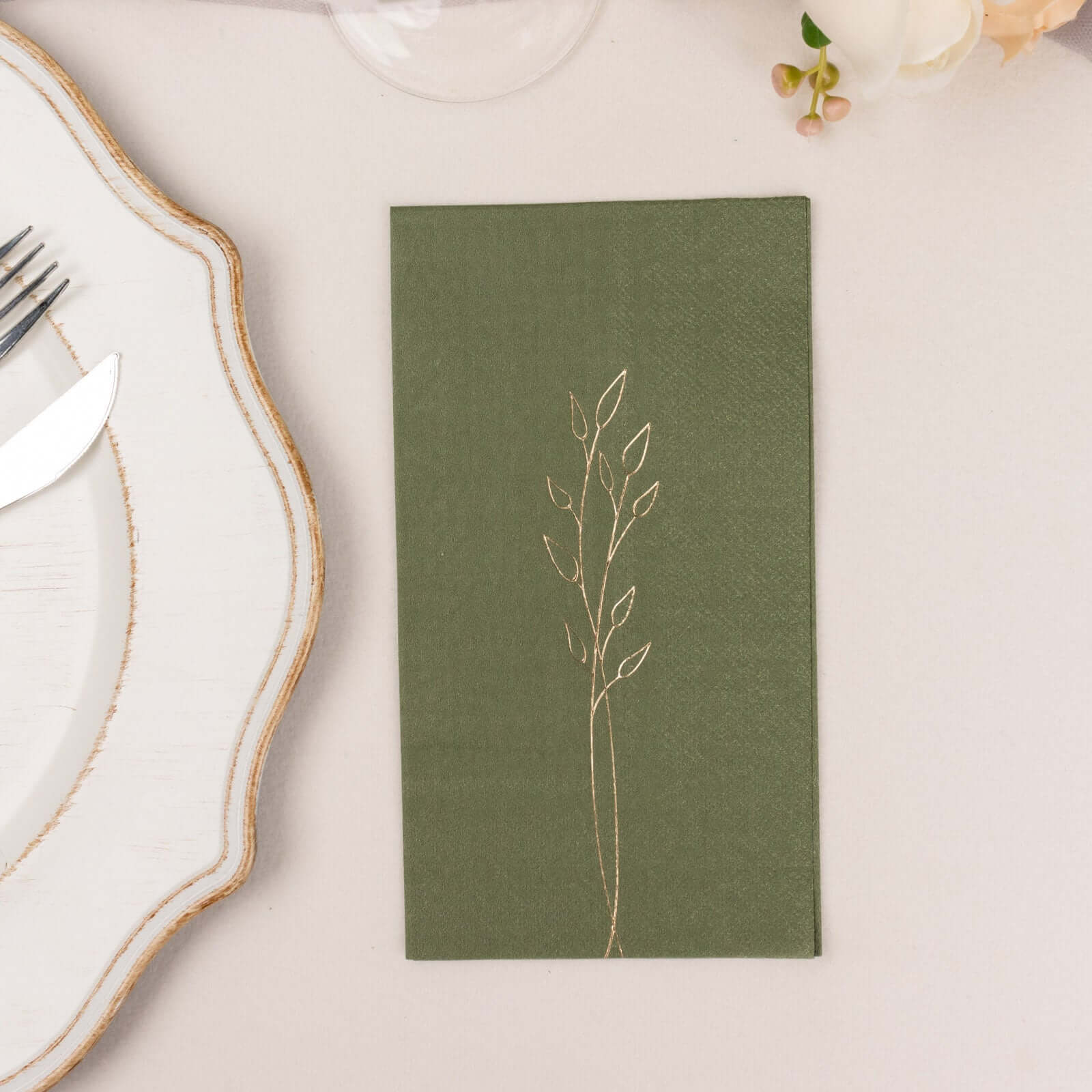 50-Pack Paper Dinner Napkins Dusty Sage Green with Gold Embossed Leaf - Stylish 2-Ply Disposable Napkins for Weddings 18GSM