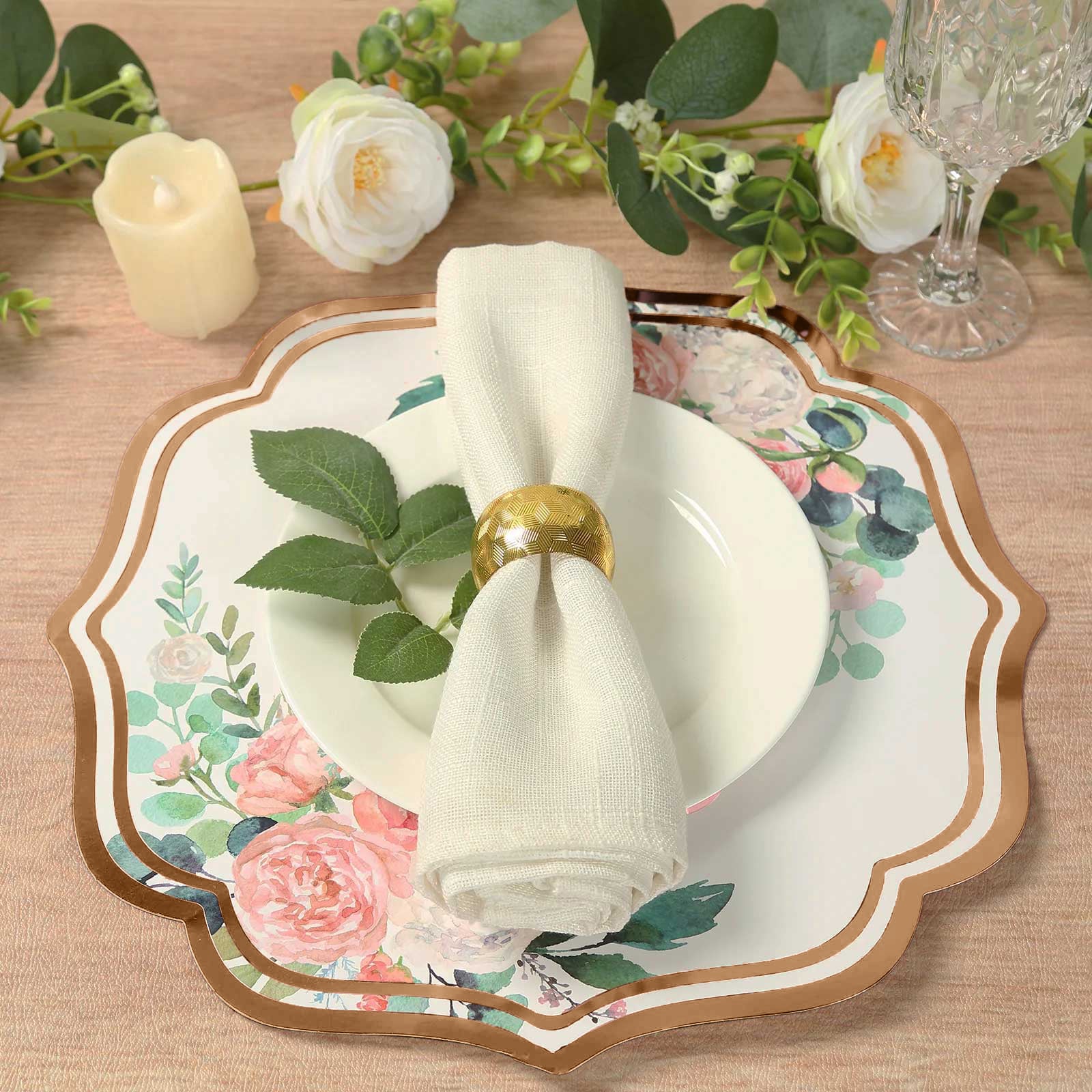 10-Pack Disposable Table Placemats in White with Peony Flowers Print & Rose Gold 13"