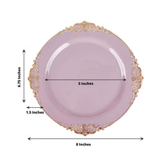10-Pack Plastic 8" Round Dessert Plates in Lavender Lilac with Gold Leaf Embossed Rim - Disposable Vintage Baroque Style Salad Plates