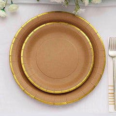 25-Pack Kraft Paper 8" Round Dessert Plates in Natural Brown with Gold Lined Rim - Disposable Salad Appetizer Plates for Rustic & Vintage Inspired Events