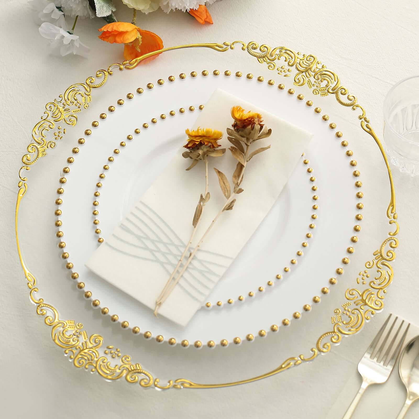 10-Pack White Plastic Dessert Plates – 8" Round with Gold Beaded Rim, Disposable for Parties & Events