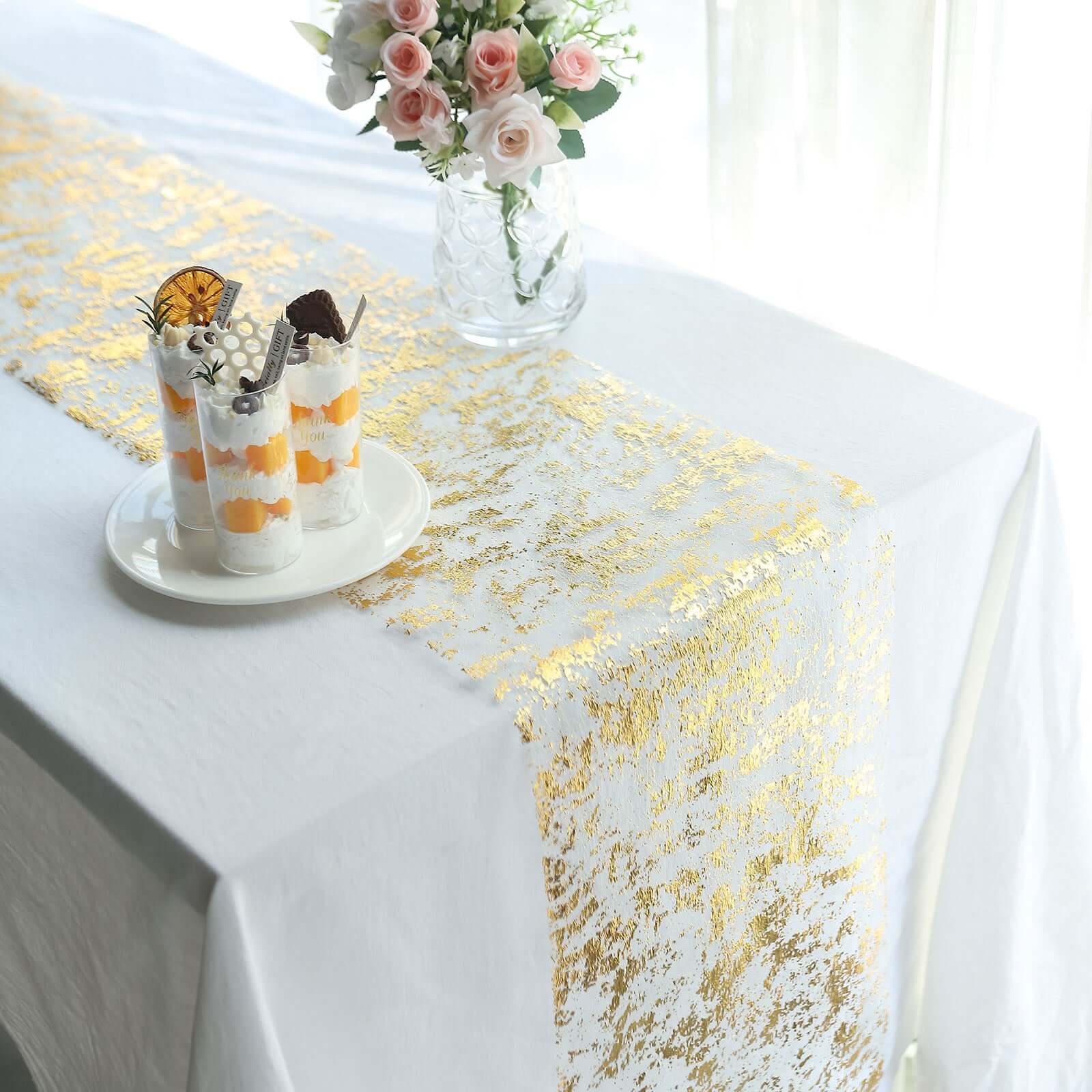 Mesh Polyester 108" Table Runner Roll Metallic Gold Distressed Foil Printing Design - Disposable Stylish Party Table Decor