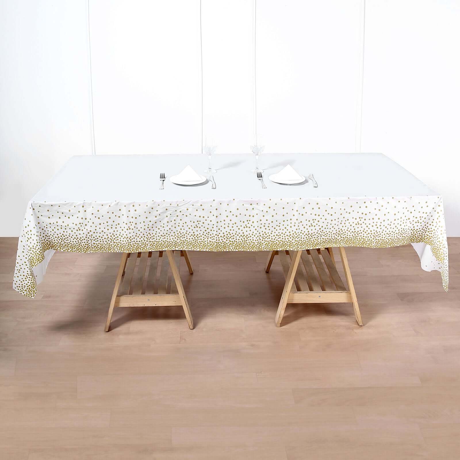 5-Pack Plastic Table Covers White Rectangle with Gold Confetti Dots - Durable PVC Disposable Tablecloths for Events 54"x108"