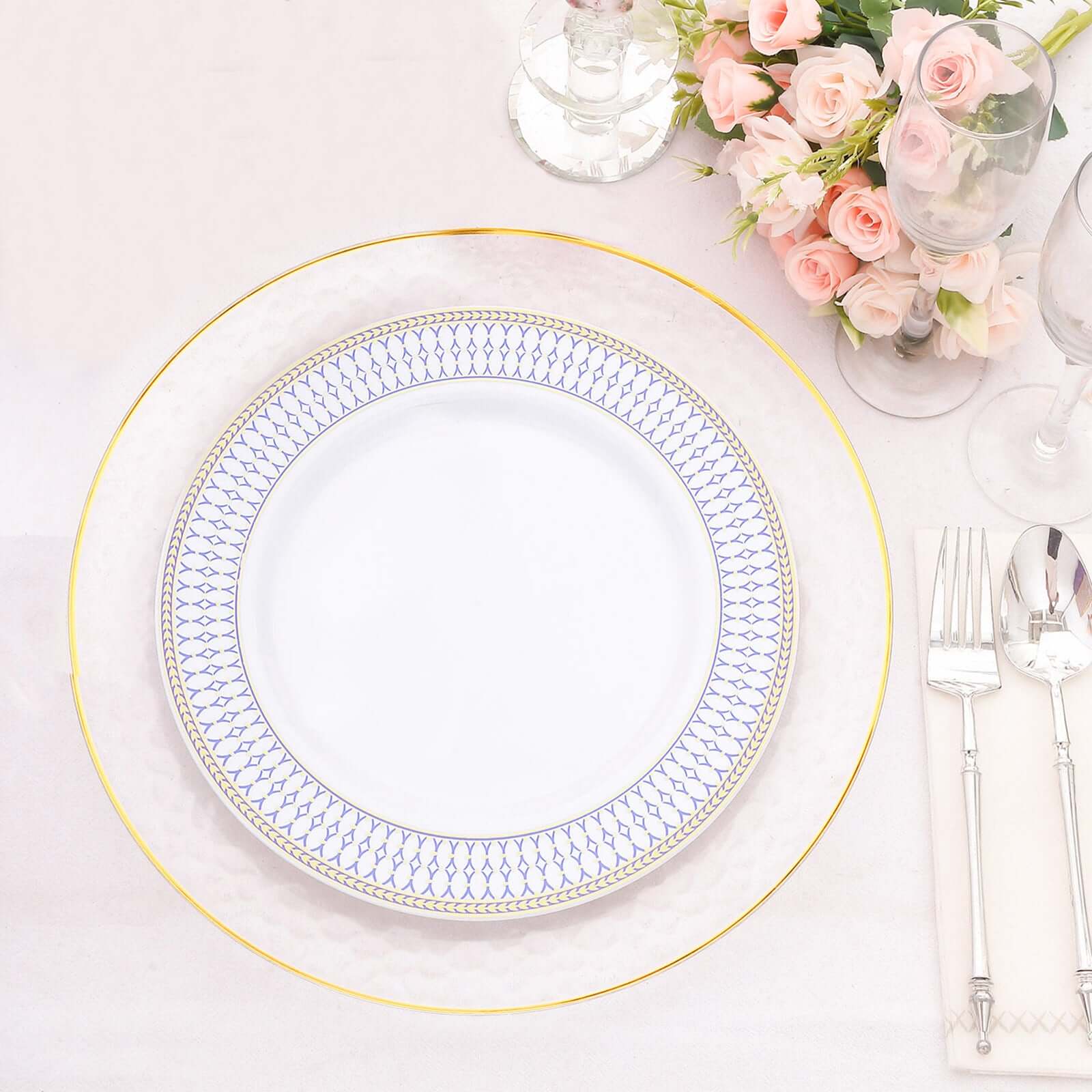 10-Pack Plastic 10" Round Dinner Plates in White with Gold Navy Blue Chord Rim - Renaissance Style Disposable Plates for Events & Banquets
