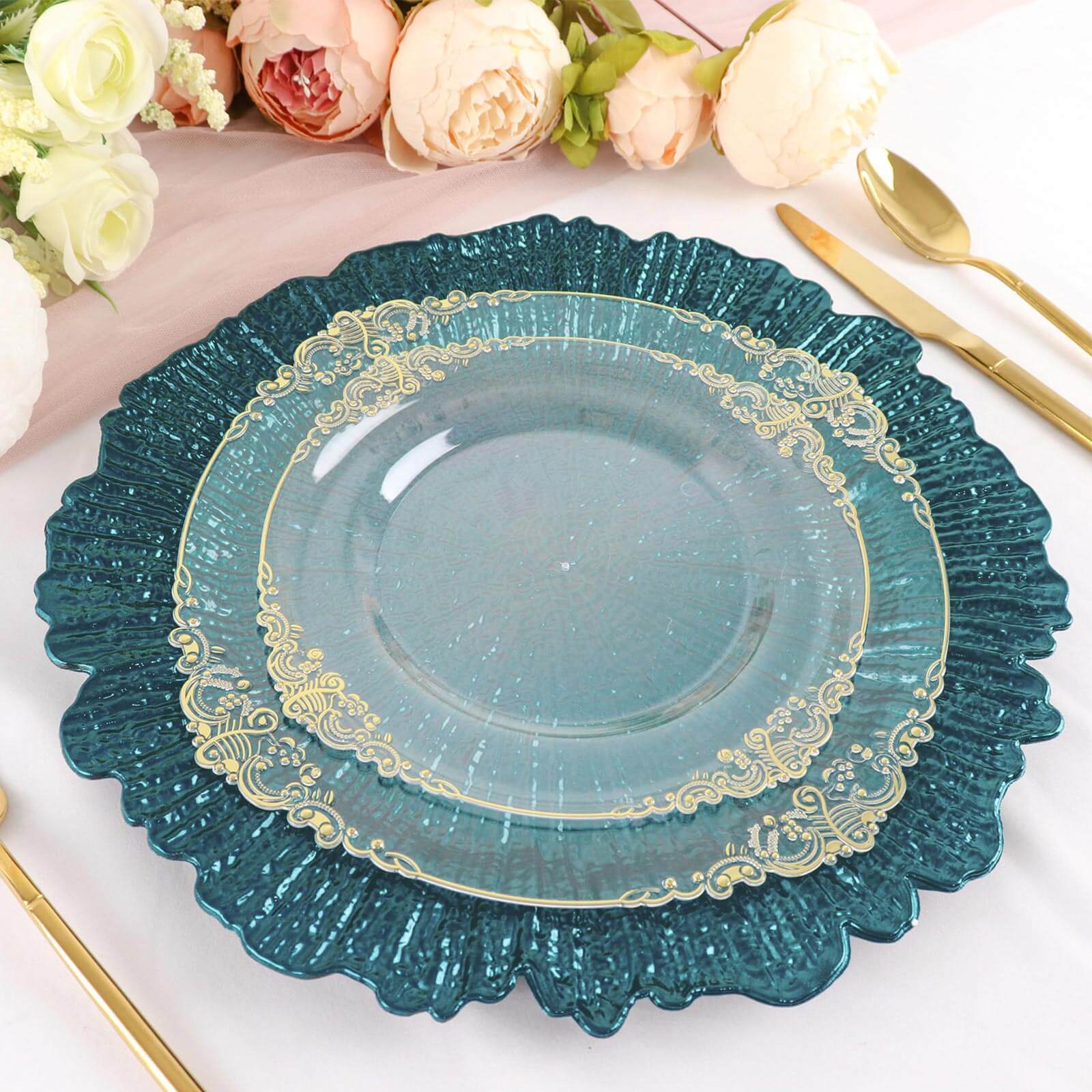 6-Pack Acrylic Plastic Round Charger Plates 13" in Peacock Teal with Reef Design, Dinner Charger Tableware
