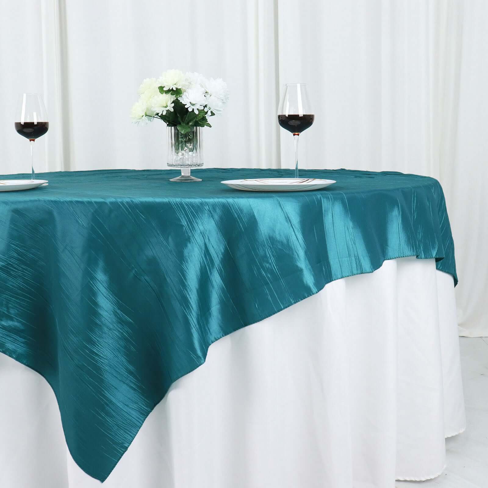 Taffeta 72"x72" Table Overlay Square Tablecloth Peacock Teal - Accordion Crinkle Table Cover