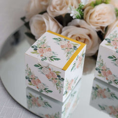 25 Pack White Pink Peony Flowers Print Paper Favor Boxes with Gold Edge, Cardstock Party Shower Candy Gift Boxes - 3"x3"x3"