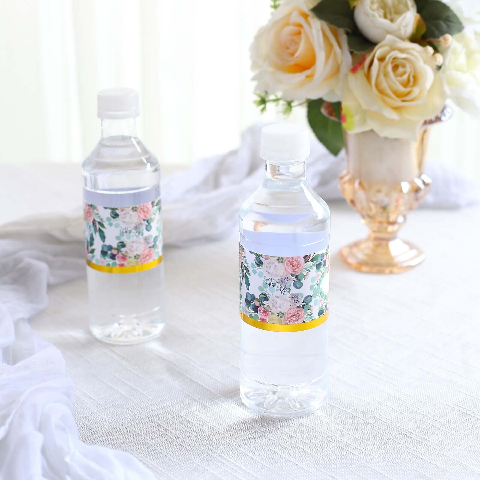 24 Pack White/Pink Water Bottle Labels with Peony Floral Design & Gold Trim, Waterproof Bottle Stickers