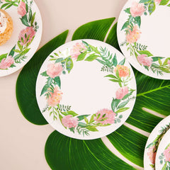 25-Pack Paper 7" Round Dessert Plates in White with Rose/Peony Flower Wreath - Disposable Appetizer Salad Plates for Special Occasions & Gatherings