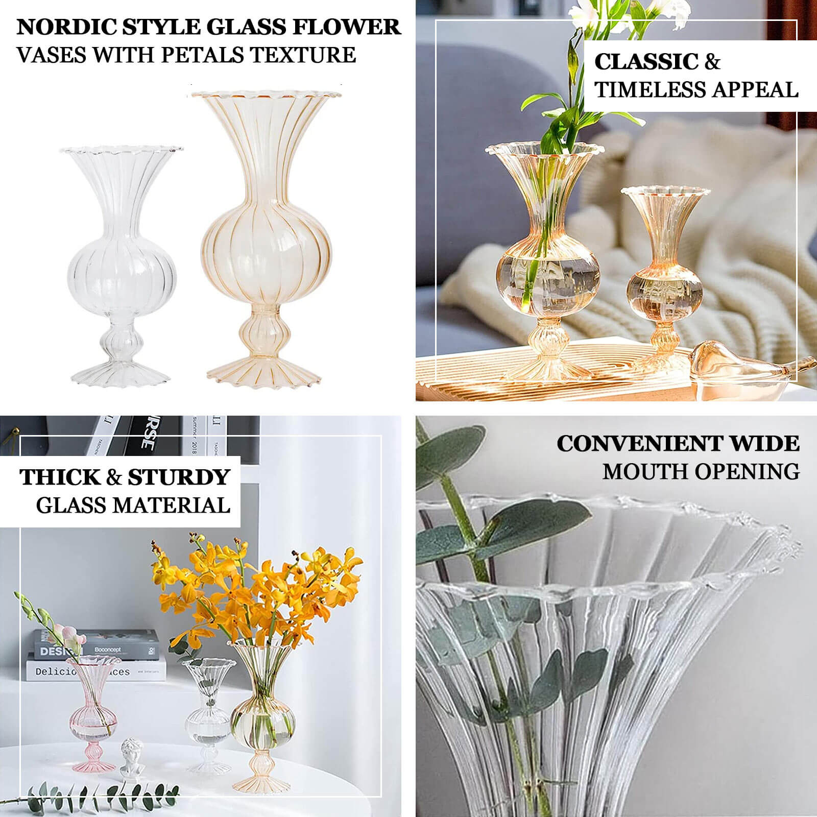 Set of 4 Glass Flower Vases Nordic Style with Petals Texture Amber Gold - Transparent Bud Planters for Wedding Table Decor 7", 9"