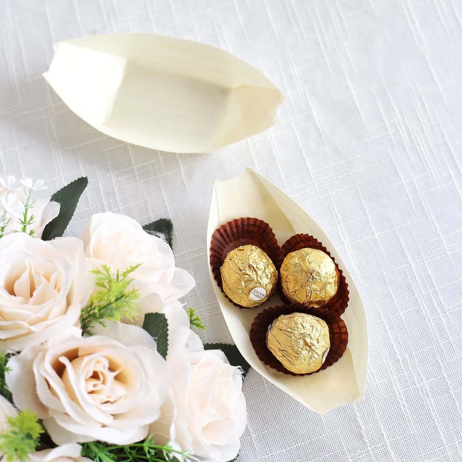 50-Pack Pine Wood Boat Shaped Food Trays Natural Compostable Design - 100% Biodegradable Sushi Snack Plates 6"