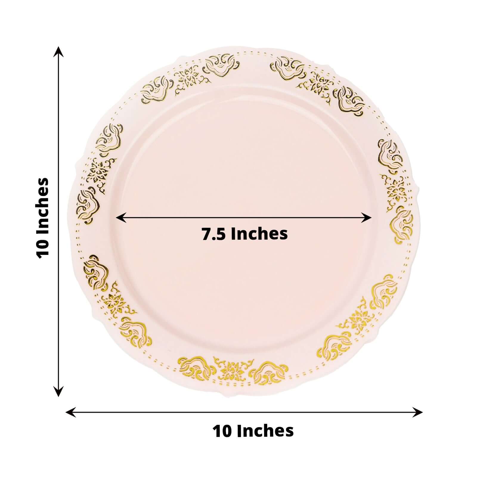 10-Pack Plastic 10" Round Dinner Plates in Blush with Gold Embossed Scalloped Edge - Chic Disposable Party Plates for Special Occasions & Banquets