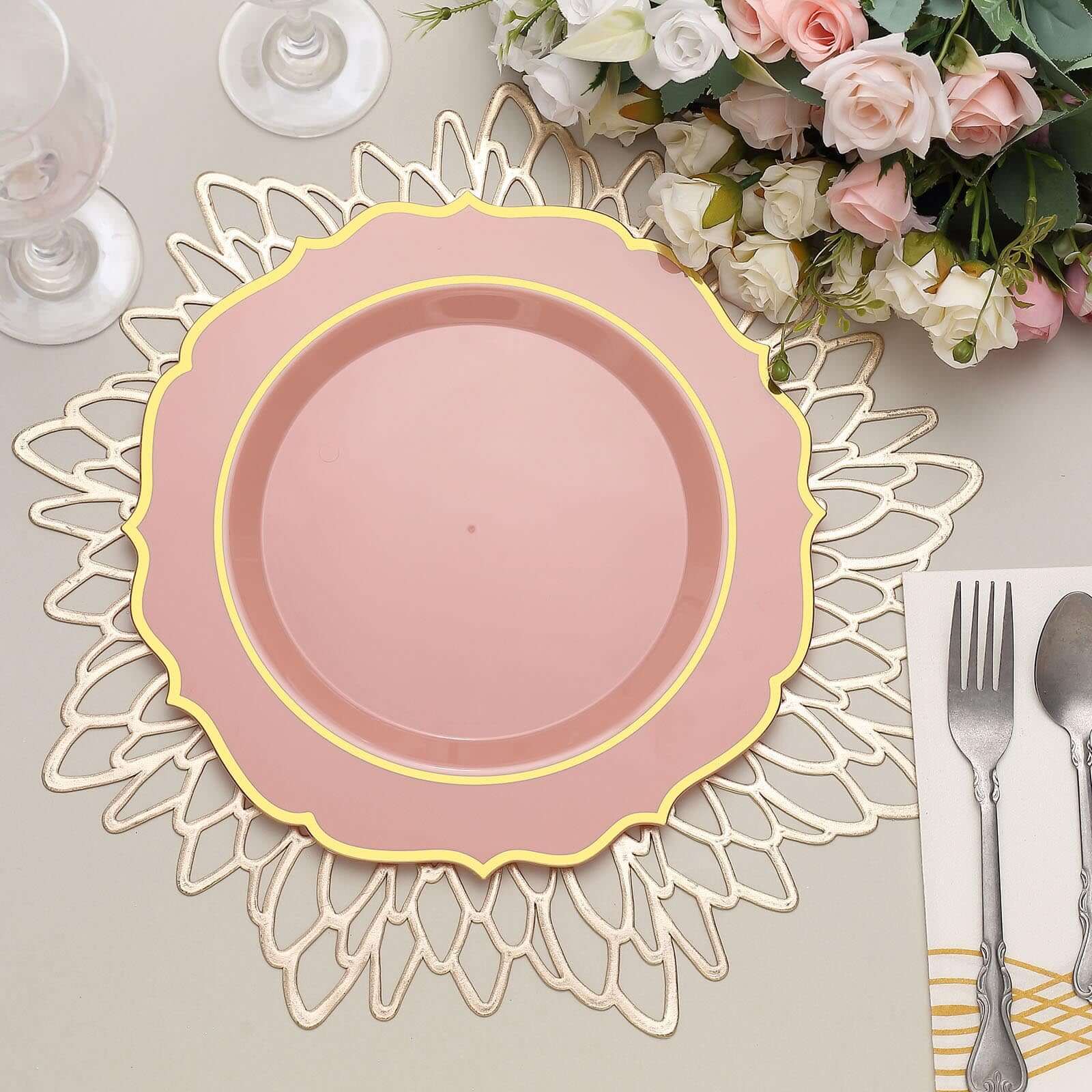 10-Pack Plastic 10" Round Dinner Plates in Dusty Rose with Gold Scalloped Rim - Disposable Party Plates