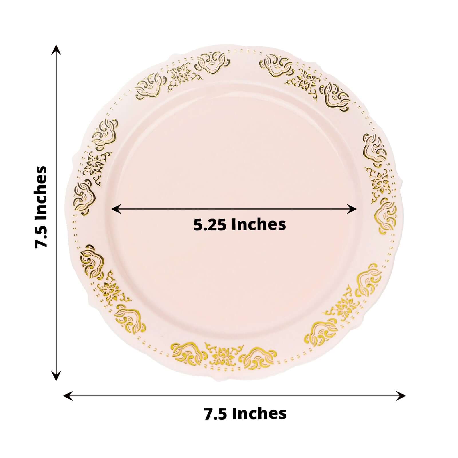 10-Pack Plastic 7.5" Round Appetizer Plates in Blush with Gold Embossed Scalloped Edge - Chic Disposable Salad Plates for Special Occasions & Banquets