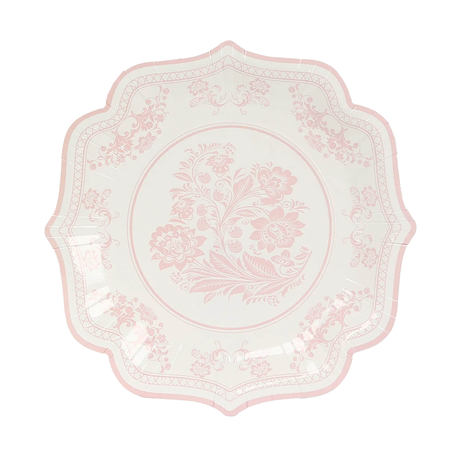 25-Pack Paper Dessert Plates in White with Pink Damask Floral Print & Scallop Rim - Stylish Disposable 300GSM Floral Salad Appetizer Plates 8"