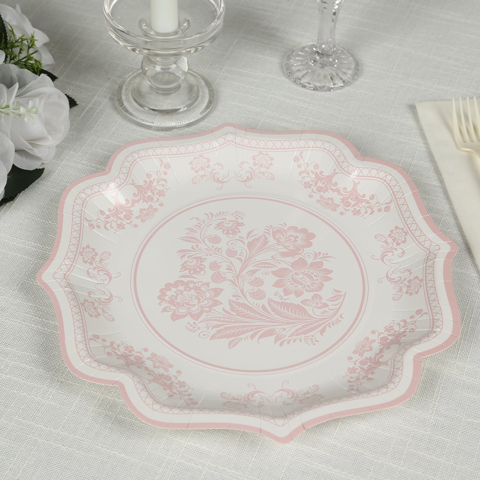 25-Pack Paper Dinner Plates in White Pink Damask Floral Pattern & Scallop Rim - Stylish Disposable 300GSM Floral Party Plates 10"
