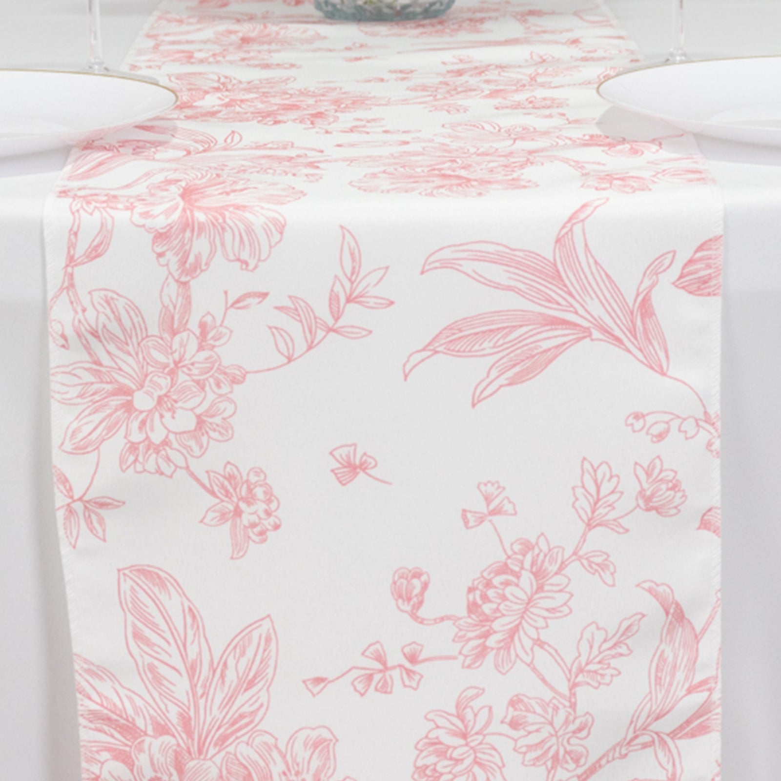 Polyester Table Runner 12"x108" White with Pink French Toile Floral Print Reusable Table Décor