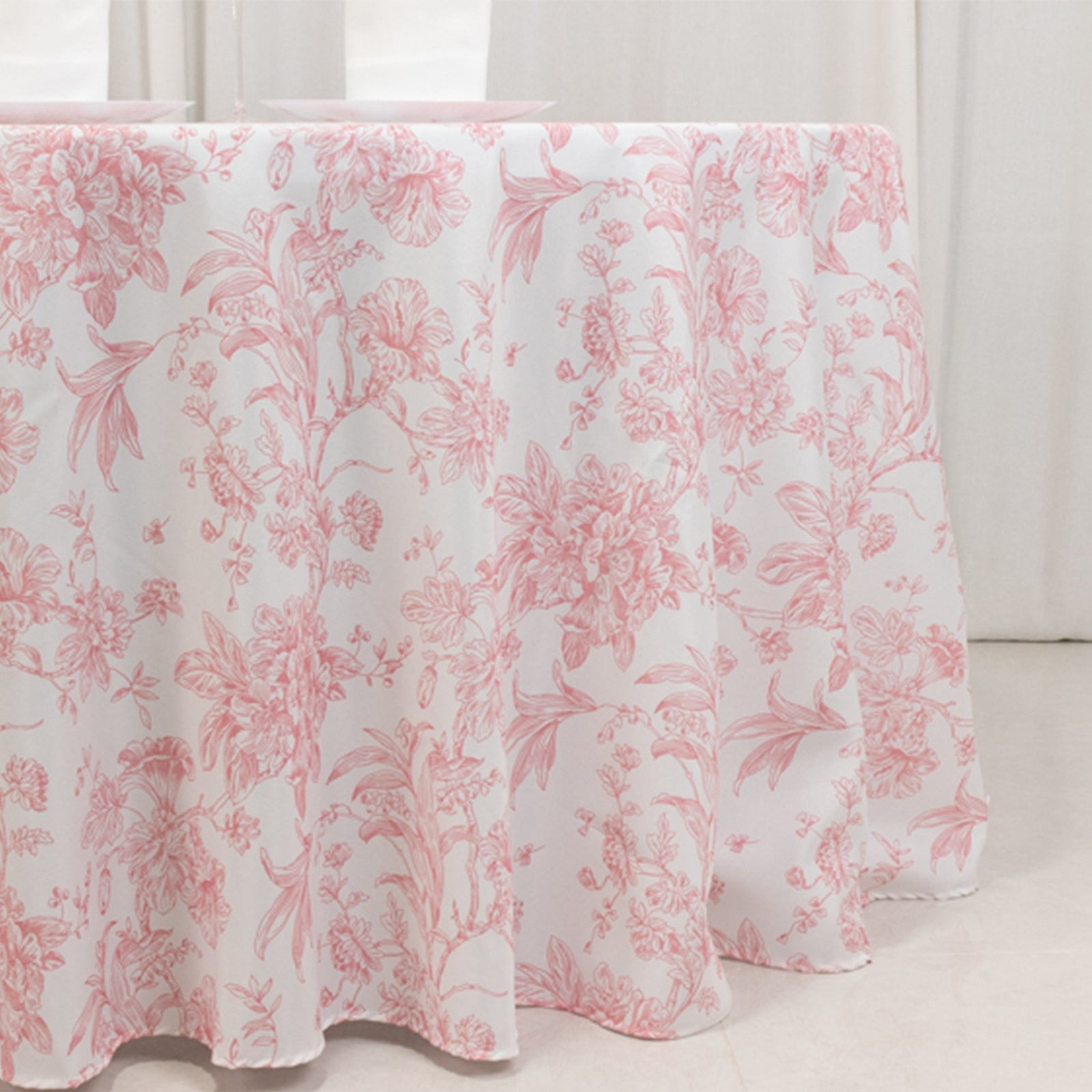 Polyester 120" Round Tablecloth White - Pink French Toile Pattern for Stylish Events