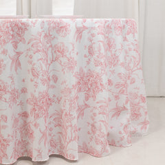 Polyester 120" Round Tablecloth White - Pink French Toile Pattern for Stylish Events