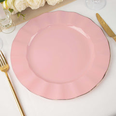 10-Pack Plastic 11" Round Dinner Plates in Dusty Rose Ruffled Rim with Gold Edging - Sturdy Disposable Dinnerware