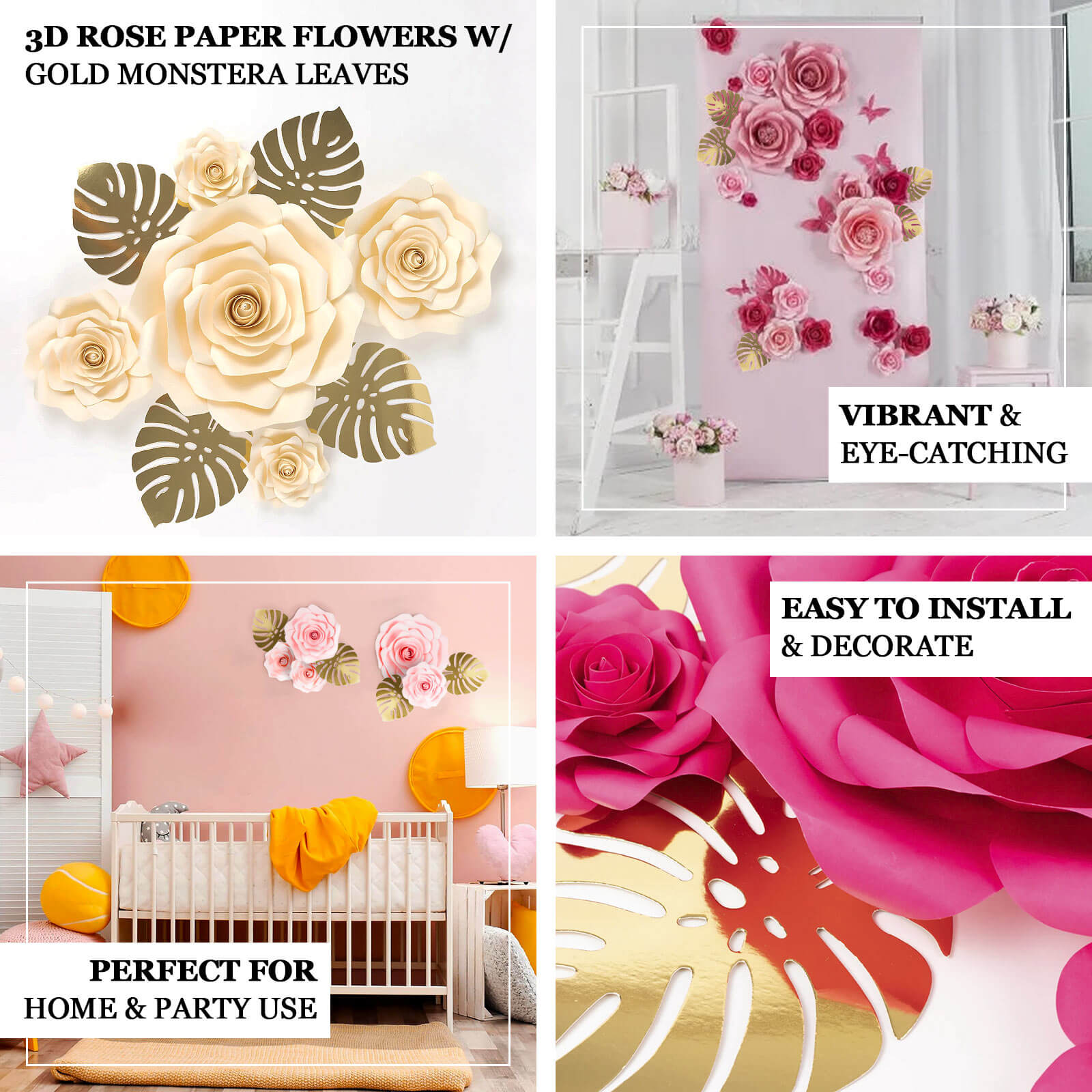 Set of 9 Pink 3D Rose Paper Flowers with Gold Tropical Palm Leaves, Party Flower Backdrop Hanging Wall Decor