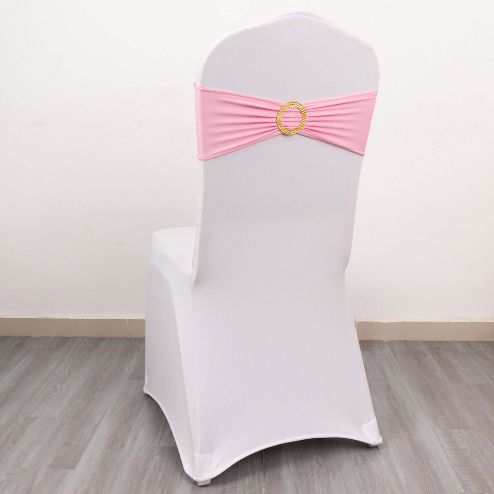 5 Pack Spandex Chair Sashes Pink with Gold Rhinestone Buckles - Reusable Four-Way Stretch Sash Bands 5"x14"